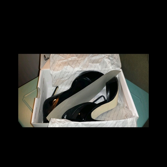 Aldo black peep toe tuxedo stiletto heels - Picture 3 of 5